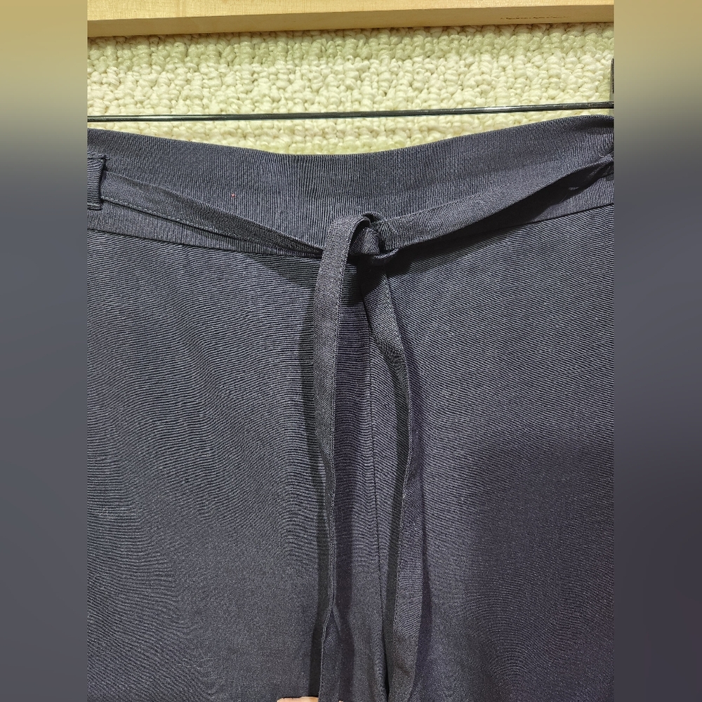 Talbots Linen Blend Wide Leg Navy Dress‎ Pant Pull On Elastic Waist Belted LG - Picture 3 of 10